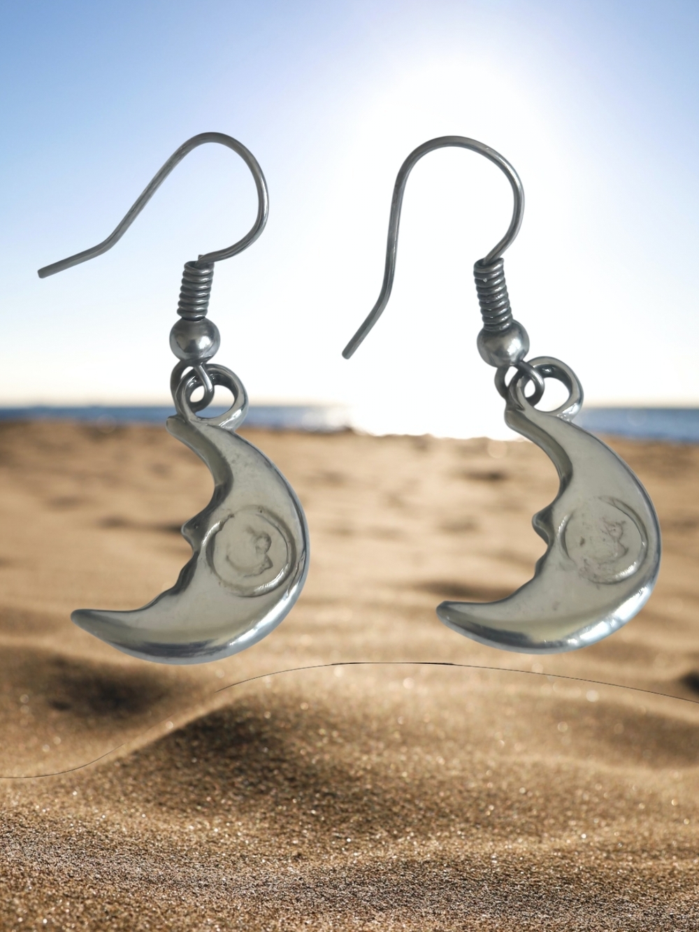 Silver Moon Face Dangle Earrings - Women's Jewelry